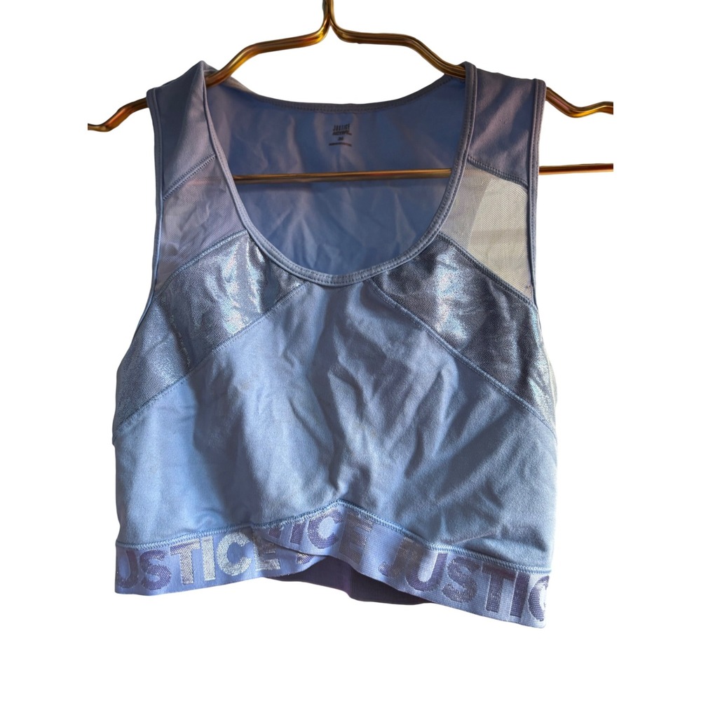 Justice Active Girls Light Blue Metallic Mesh Crop‎ Tank Top Athletic Workout